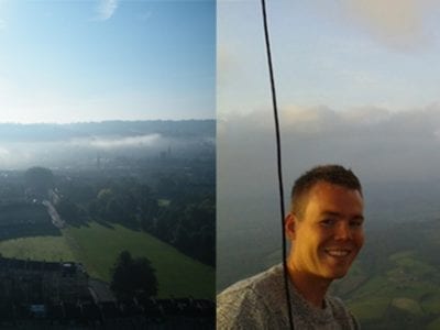 couples hot air balloon over bath